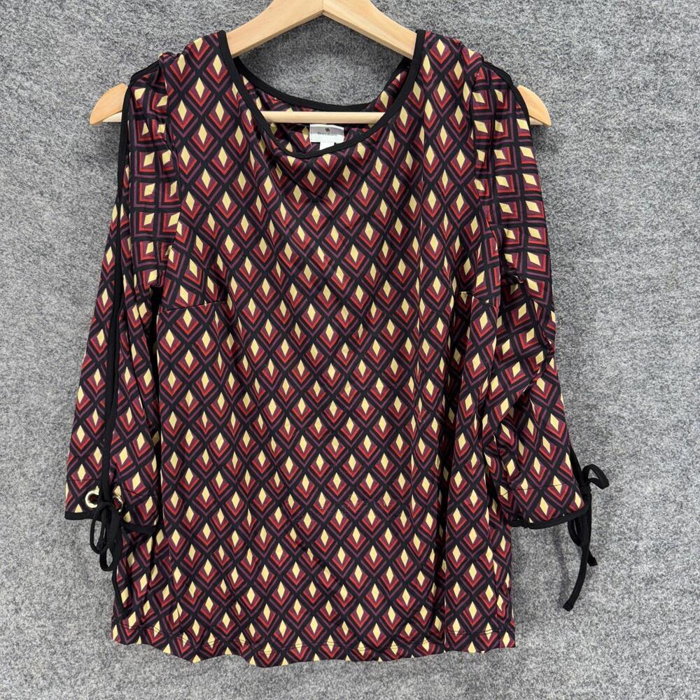 Dressbarn Blouse Women S Small Black Geometric Cold Shoulder 3/4 Sleeve Casual